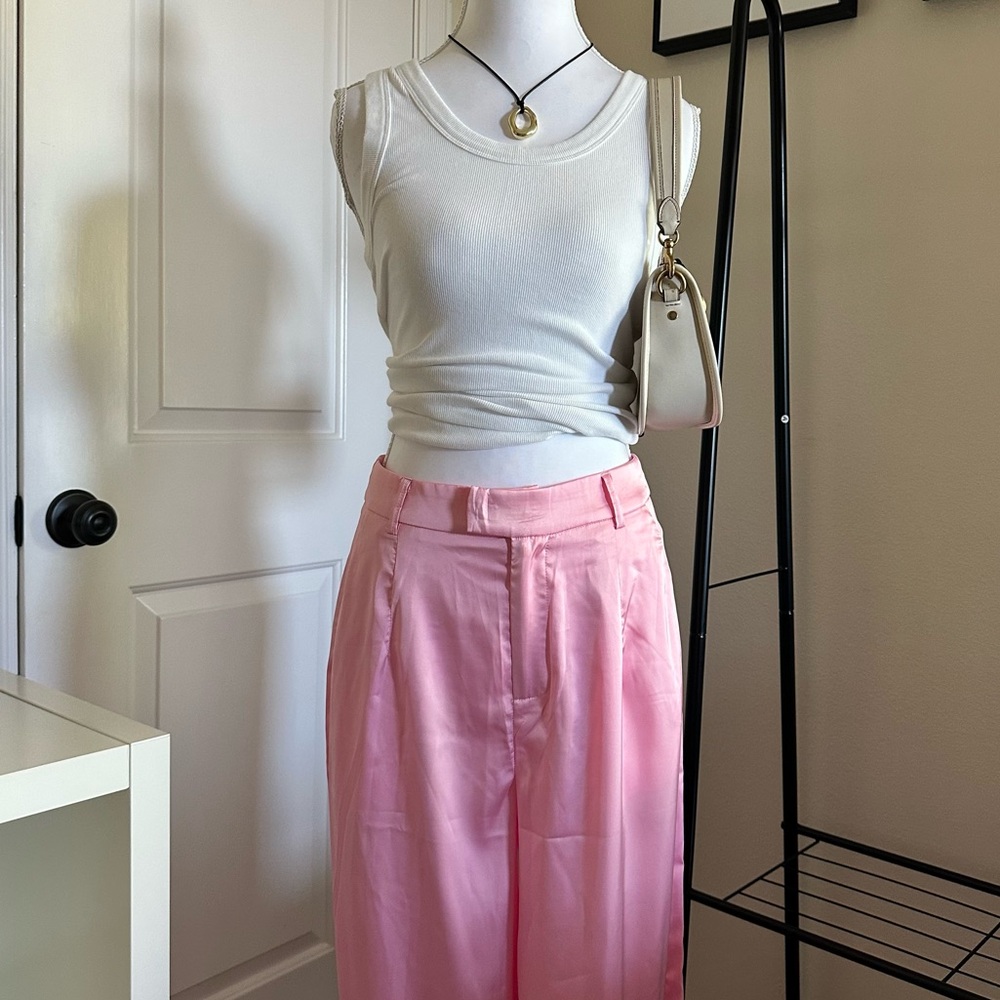 Pink satin like wide leg pants